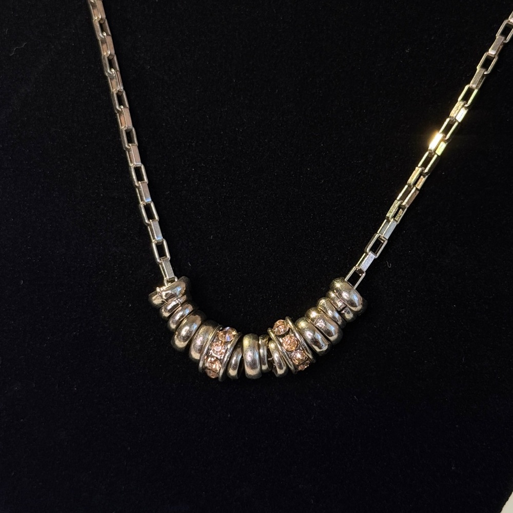 Silver Necklace with rings and orange rhinestone beads